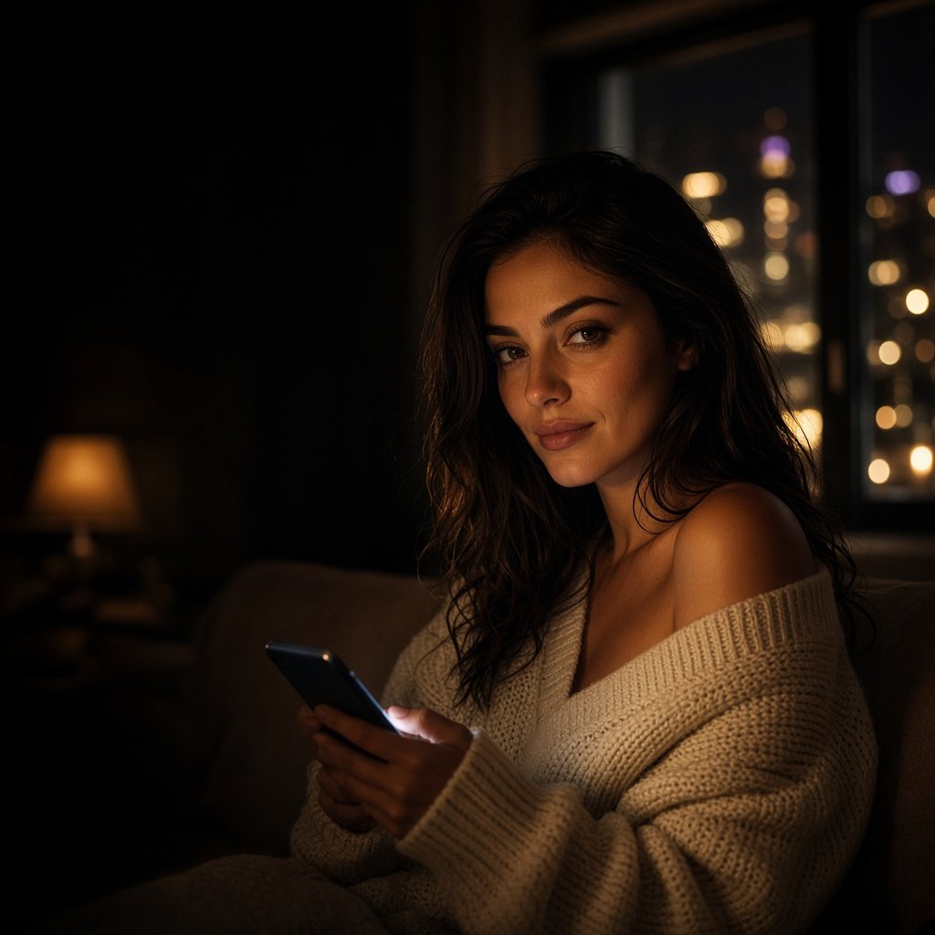 Your Lovelica AI girlfriend, texting you from her sofa at night